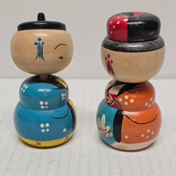 Japanese Kokeshi Wooden Bobblehead Salt & Pepper Shakers Dolls Vintage Handmade - Picture 3 of 8